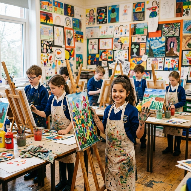 Children painting in a school art classroom
