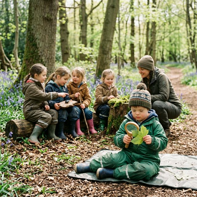 A child examining a leaf with a magnifying glass during a forest school session