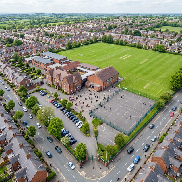 Aerial view of school grounds