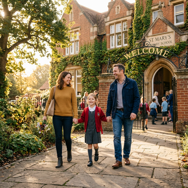 Happy family walking toward school